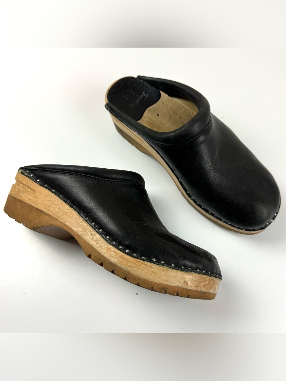 Troentorp Toffelfabrik Black Leather Wooden Clogs Mules Sweden Womens EU41 US 11